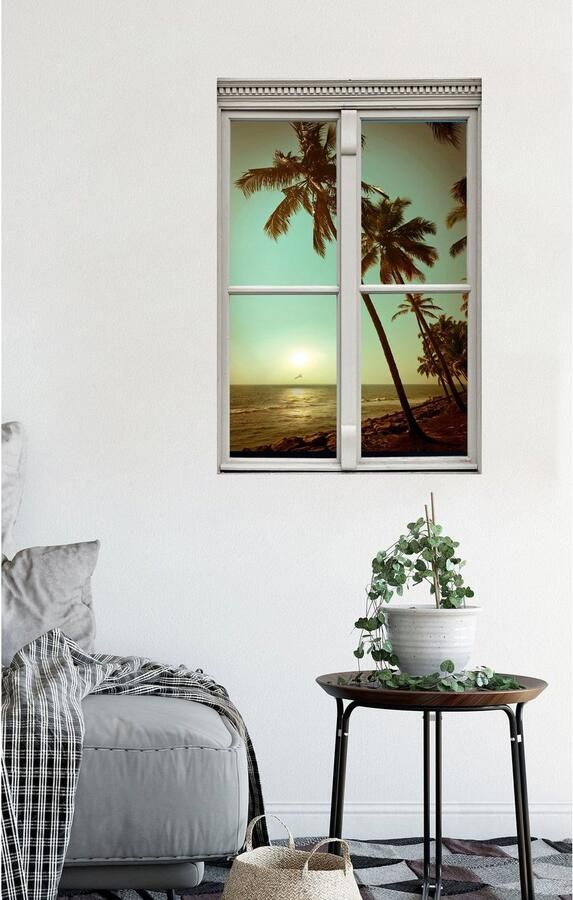 Queence Wandfolie Palmenstrand Muursticker muurdecoratie zelfklevend 3D raam - Foto 2