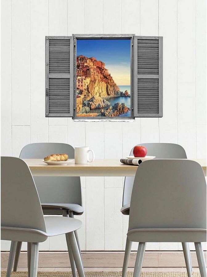 Queence Wandfolie Stad aan de zee Muursticker muurdecoratie zelfklevend 3D raam (1 stuk) - Foto 2