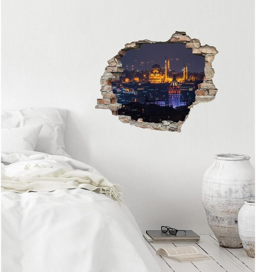 Queence Wandfolie Stad 's nachts Muursticker muurdecoratie zelfklevend 3D muurdurchbraak (1 stuk)