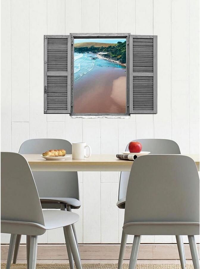 Queence Wandfolie Strand Muursticker muurdecoratie zelfklevend 3D raam (1 stuk) - Foto 2