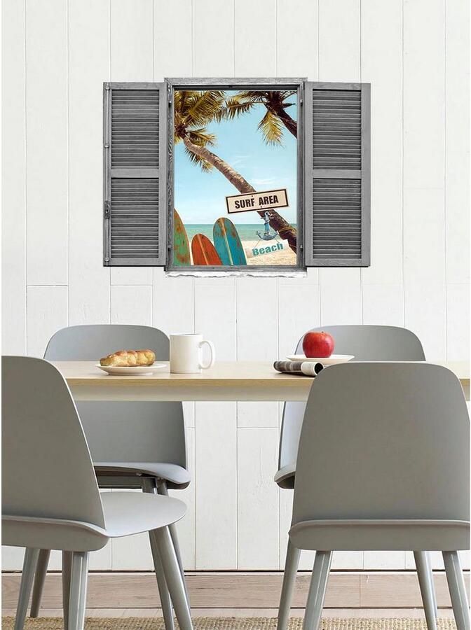 Queence Wandfolie Surf Beach Muursticker muurdecoratie zelfklevend 3D raam (1 stuk) - Foto 2