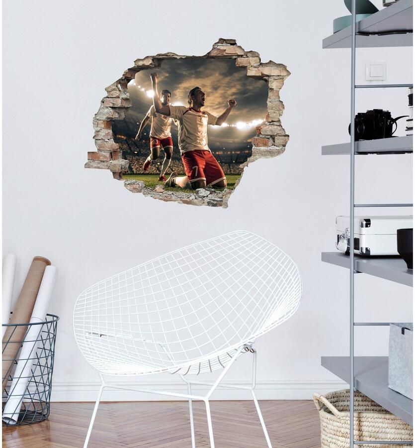 Queence Wandfolie Voetbal gejuich Muursticker muurdecoratie zelfklevend 3D muurdurchbraak (1 stuk)