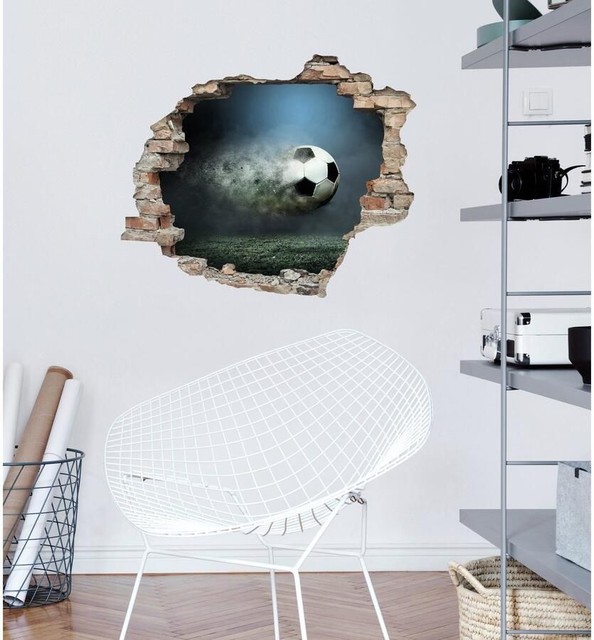 Queence Wandfolie Voetbal Muursticker muurdecoratie zelfklevend 3D muurdurchbraak (1 stuk)