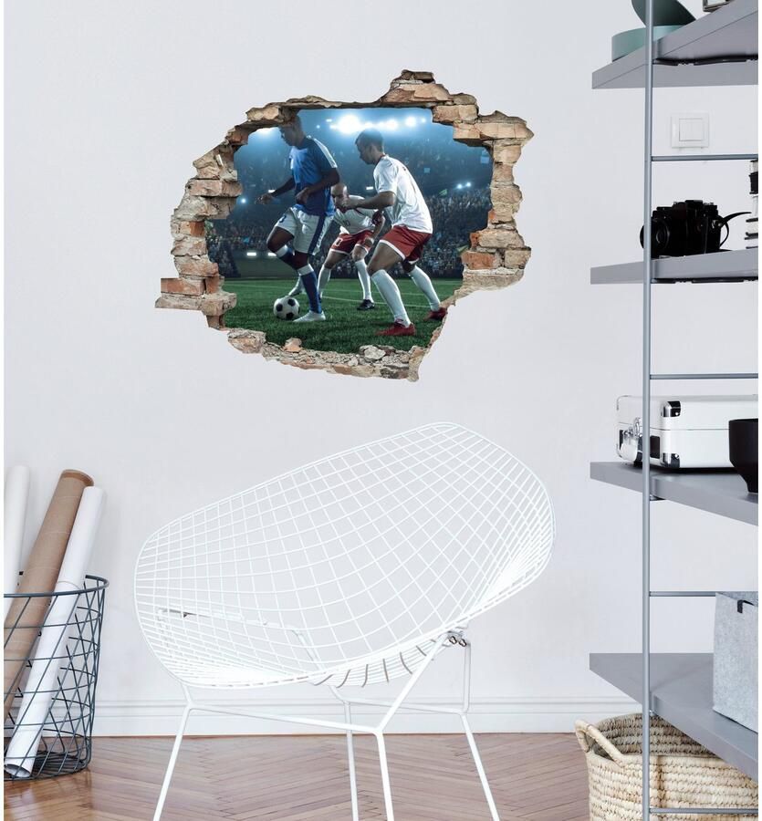 Queence Wandfolie Voetbal Muursticker muurdecoratie zelfklevend 3D muurdurchbraak (1 stuk)