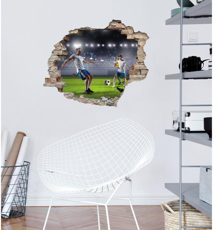 Queence Wandfolie Voetbal Muursticker muurdecoratie zelfklevend 3D muurdurchbraak (1 stuk)