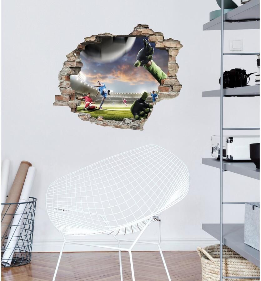 Queence Wandfolie Voetbal Muursticker muurdecoratie zelfklevend 3D muurdurchbraak (1 stuk)