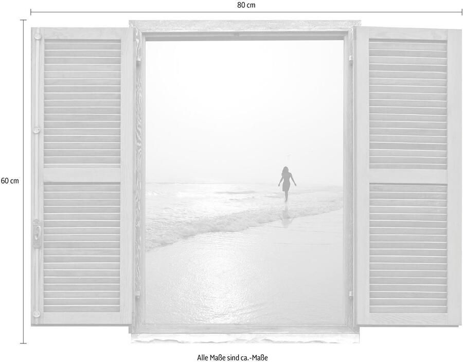 Queence Wandfolie Vrouw aan het strand Muursticker muurdecoratie zelfklevend 3D raam (1 stuk)