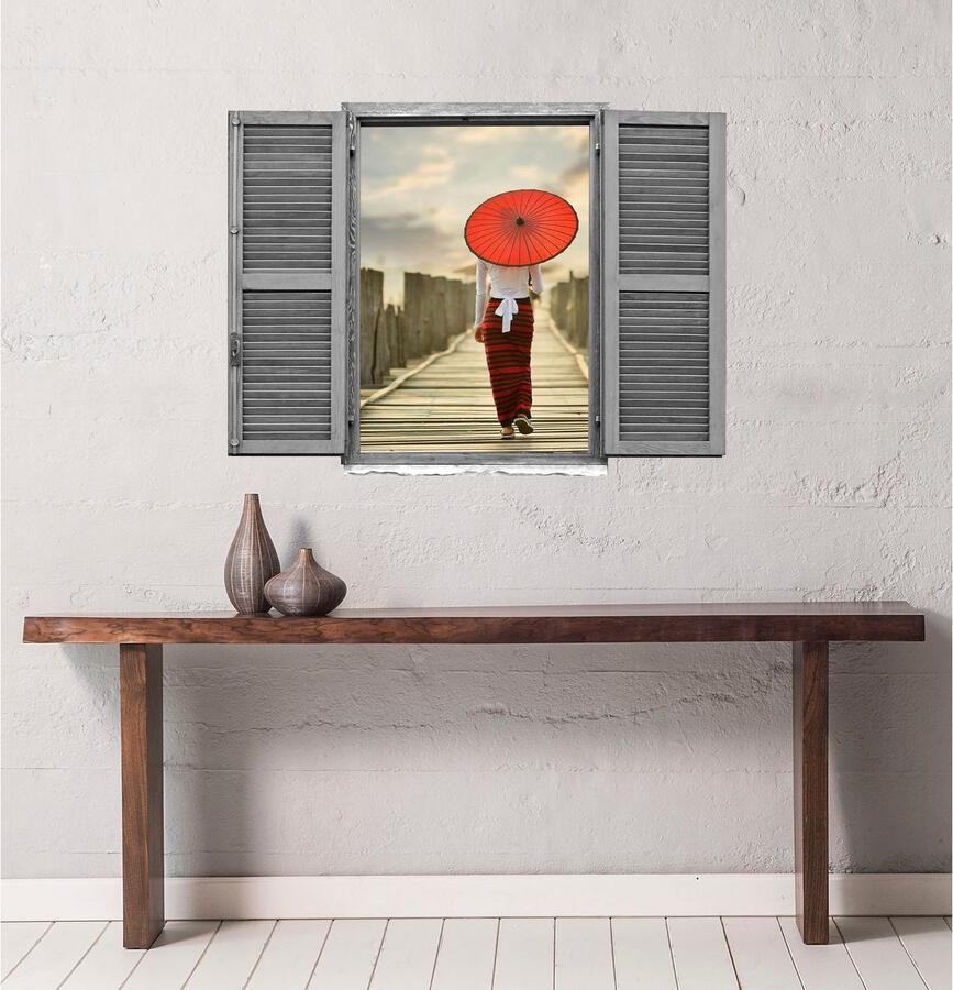 Queence Wandfolie Vrouw op brug Muursticker muurdecoratie zelfklevend 3D raam (1 stuk)