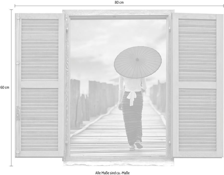 Queence Wandfolie Vrouw op brug Muursticker muurdecoratie zelfklevend 3D raam (1 stuk) - Foto 2