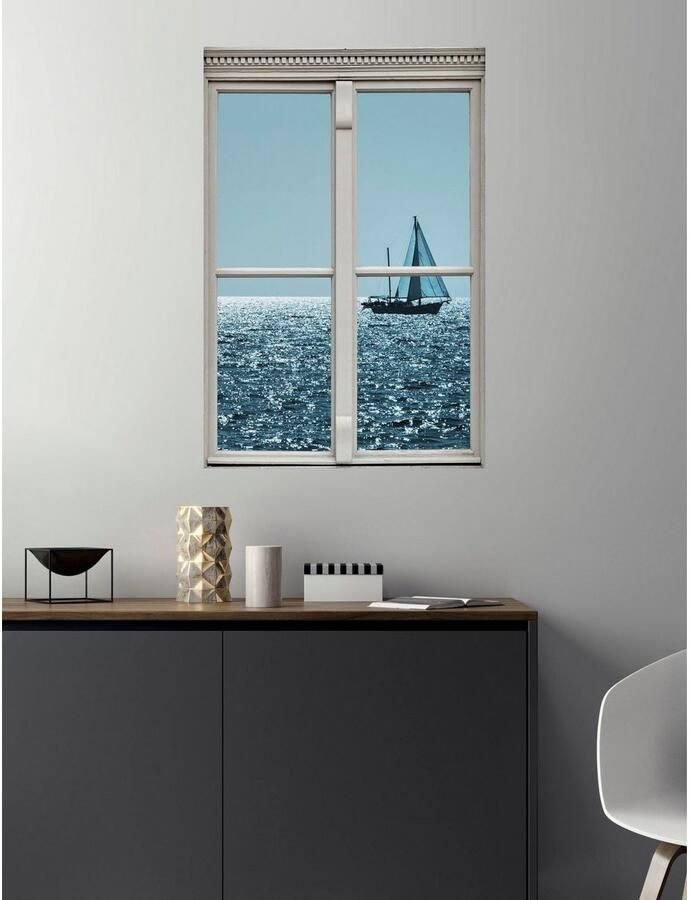 Queence Wandfolie Zeilboot Muursticker muurdecoratie zelfklevend 3D raam - Foto 1