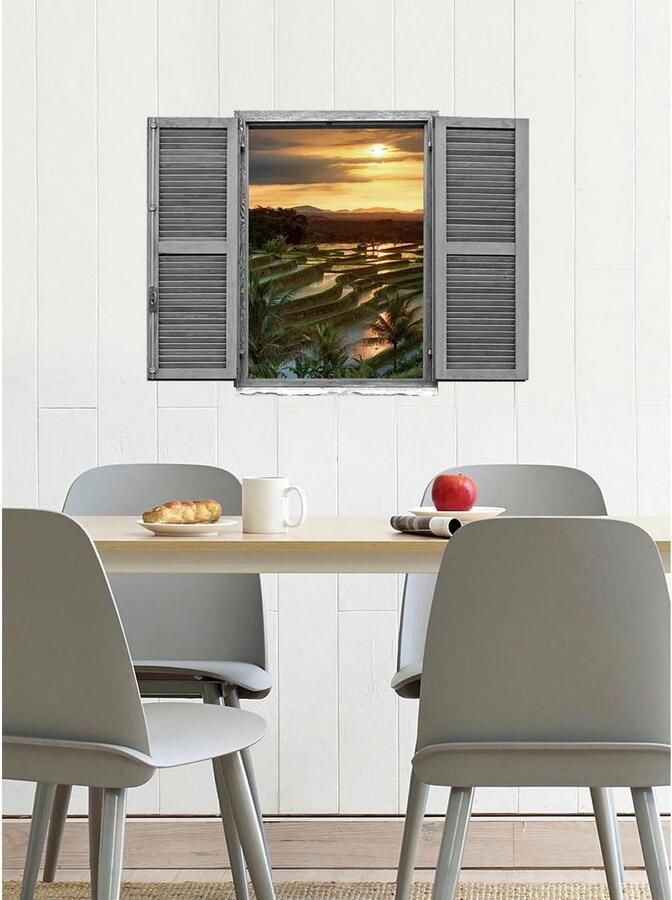 Queence Wandfolie Zonsondergang Muursticker muurdecoratie zelfklevend 3D raam (1 stuk) - Foto 2