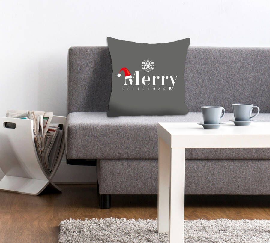 Queence Sierkussen Adrian Kussenhoes Vrolijk Kerstfeest opschrift grijze kussen sneeuwvlok (1 stuk) - Foto 5