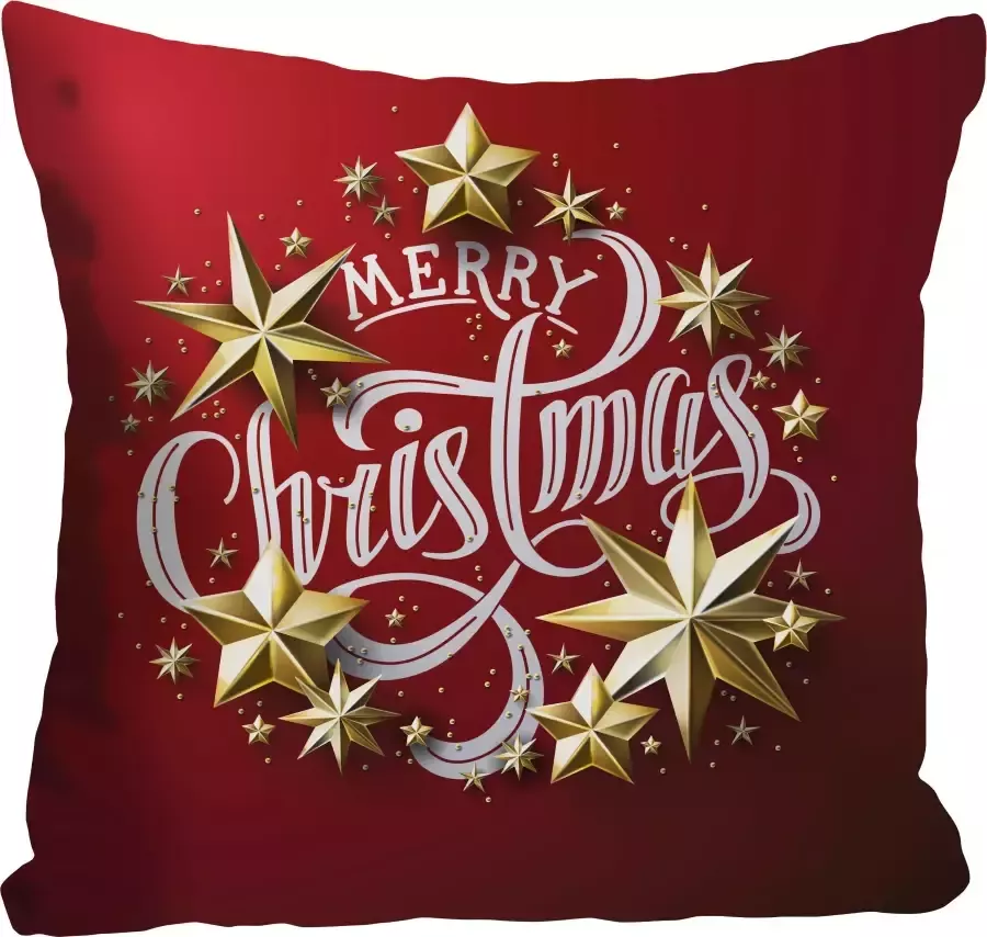 Queence Sierkussen Stars Kussenhoes Vrolijk Kerstfeest rood kerst feestelijk uitspraak (1 stuk) - Foto 3