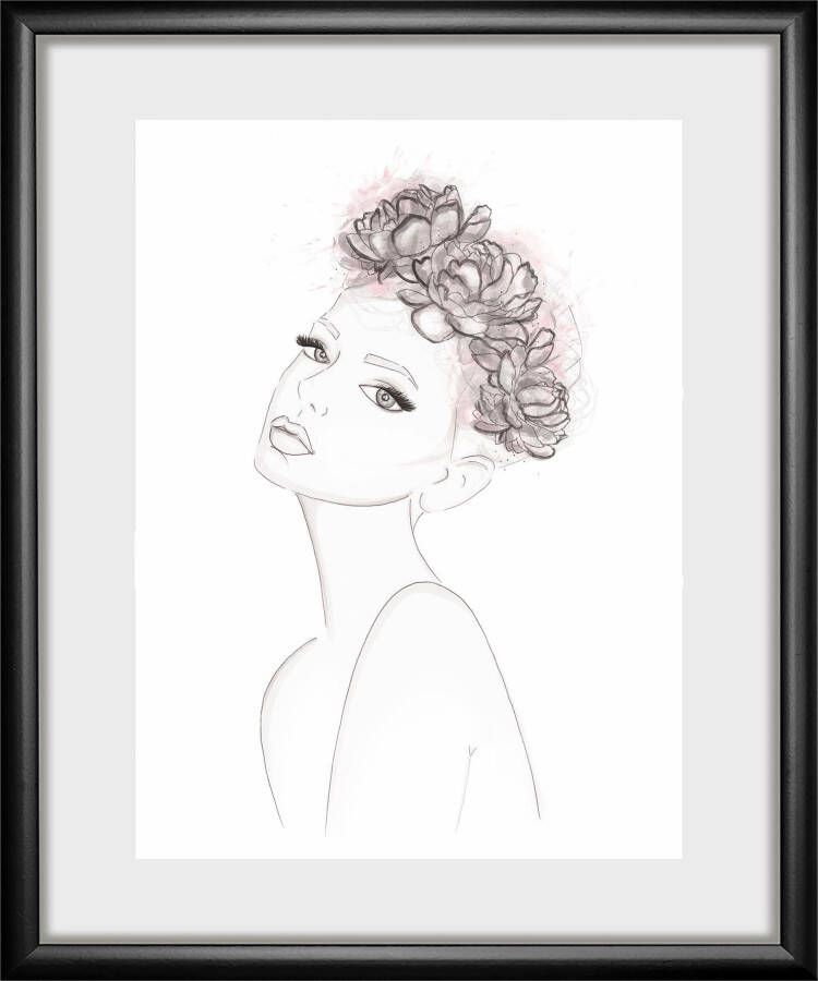 Queence Wanddecoratie Schets van een vrouw met bloemenkrans HD premium posterdruk incl. houten lijst - Foto 5