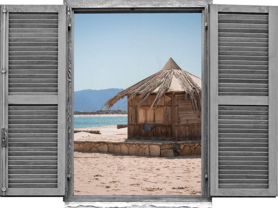 Queence Wandfolie Hut aan de zee Muursticker muurdecoratie zelfklevend 3D raam (1 stuk) - Foto 3