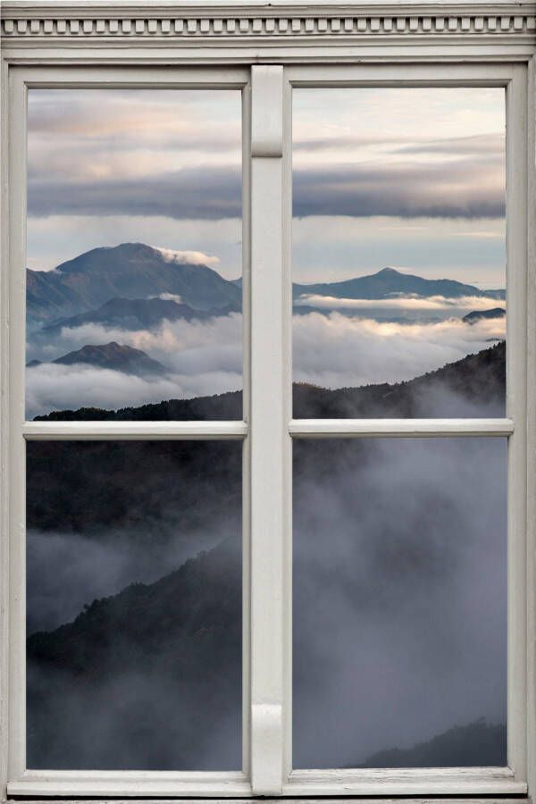 Queence Wandfolie Nevelige bergen Muursticker muurdecoratie zelfklevend 3D raam - Foto 3