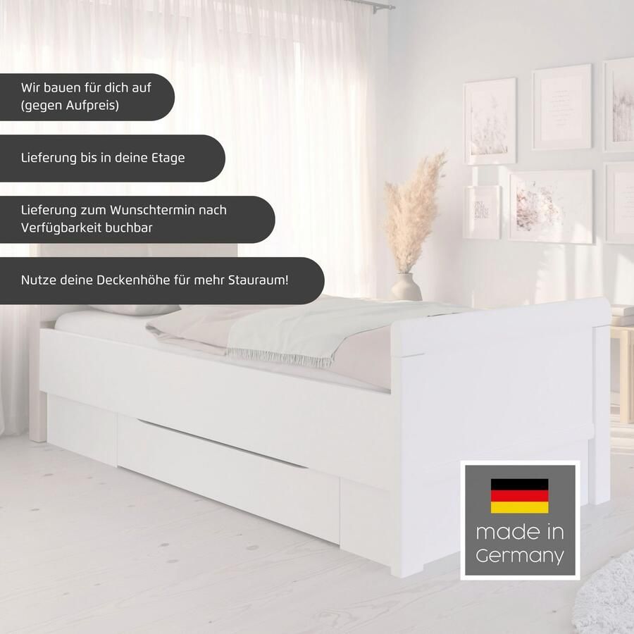 Rauch Ledikant met bergruimte Bed Eenpersoons Stollenbed Bedkasten EVELYN in comfortabele hoogte met gestoffeerd hoofdeinde en lades made in germany