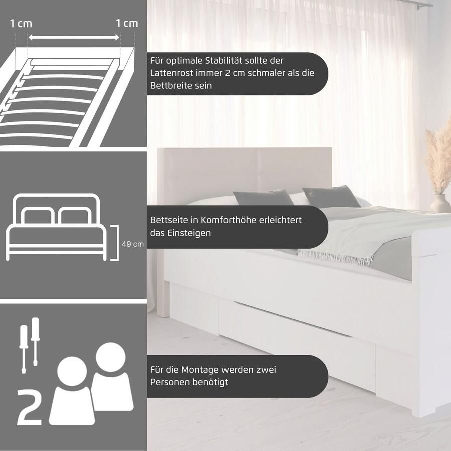 Rauch Ledikant met bergruimte Bed Eenpersoons Stollenbed Bedkasten EVELYN in comfortabele hoogte met gestoffeerd hoofdeinde en lades made in germany - Foto 2