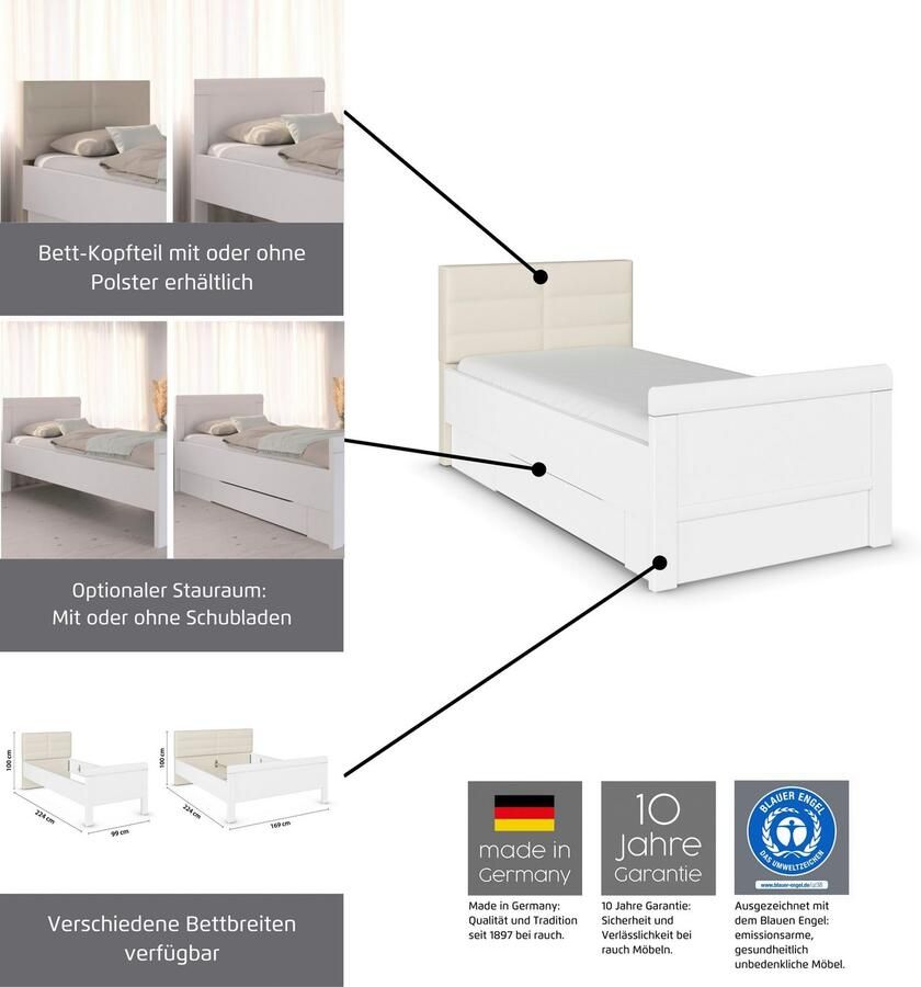 Rauch Ledikant met bergruimte Bed Eenpersoons Stollenbed Bedkasten EVELYN in comfortabele hoogte met gestoffeerd hoofdeinde en lades made in germany - Foto 4