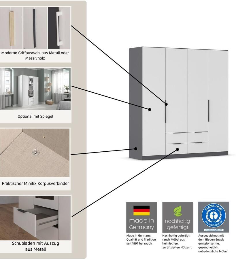 Rauch Draaideurkast Kledingkast garderobe KREFELD optioneel met spiegel met 3 greepvarianten incl. praktische lades made in germany - Foto 12
