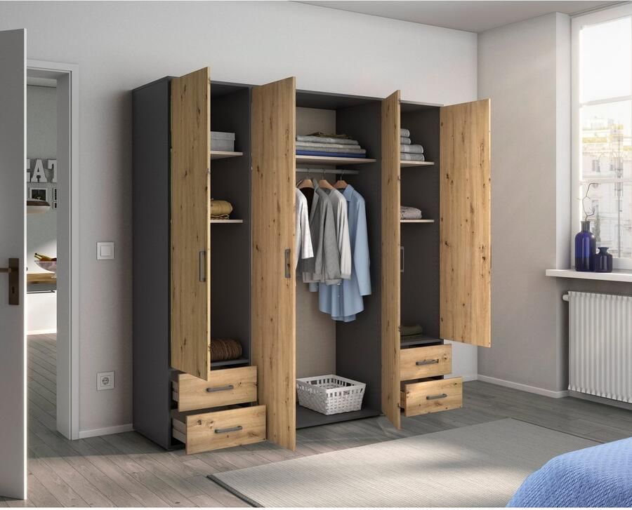 Rauch Draaideurkast Kledingkast kast garderobe linnenkast VOYAGER moderne grepen in grijs metallic met buitenlades made in germany - Foto 17