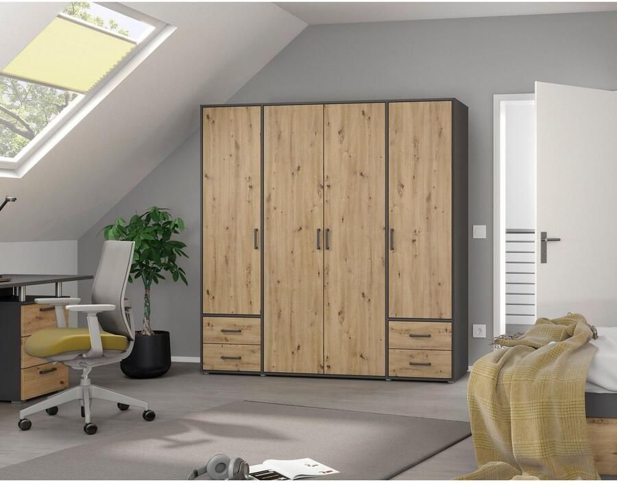 Rauch Draaideurkast Kledingkast kast garderobe linnenkast VOYAGER moderne grepen in grijs metallic met buitenlades made in germany - Foto 18