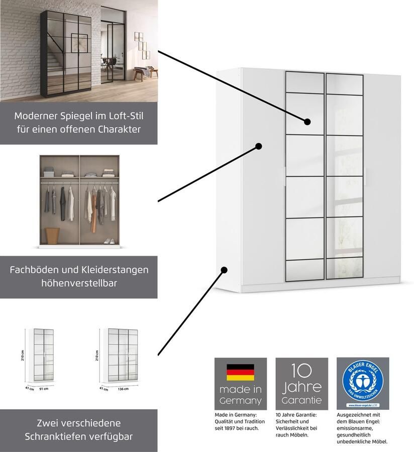 Rauch Draaideurkast Kledingkast Kast Garderobe Slaapkamerkast ACERO Middeldeuren met spiegel in moderne loft-look MADE IN GERMANY - Foto 11