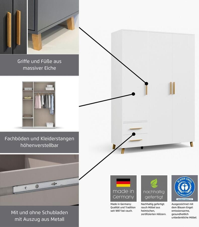 Rauch Draaideurkast Kledingkast kast garderobe waskast SHINJO Grepen en voeten van massief hout met 2 lades MADE IN GERMANY - Foto 11