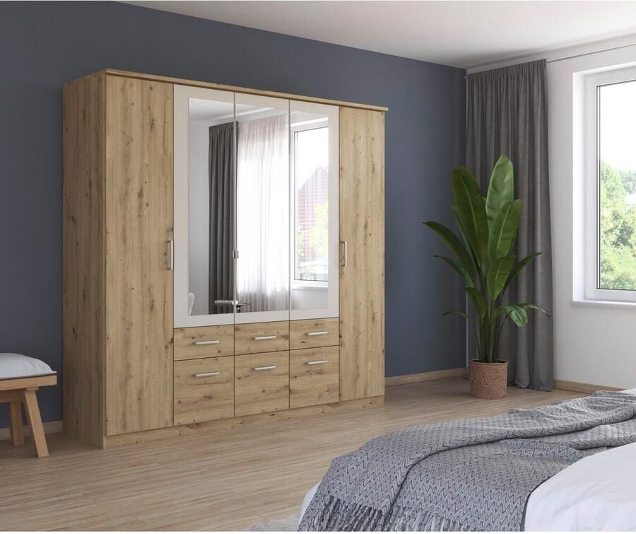 Rauch Kledingkast Draai-deurkast Garderobe BURANO met lades en spiegelomranding in kleuraccent made in germany - Foto 13