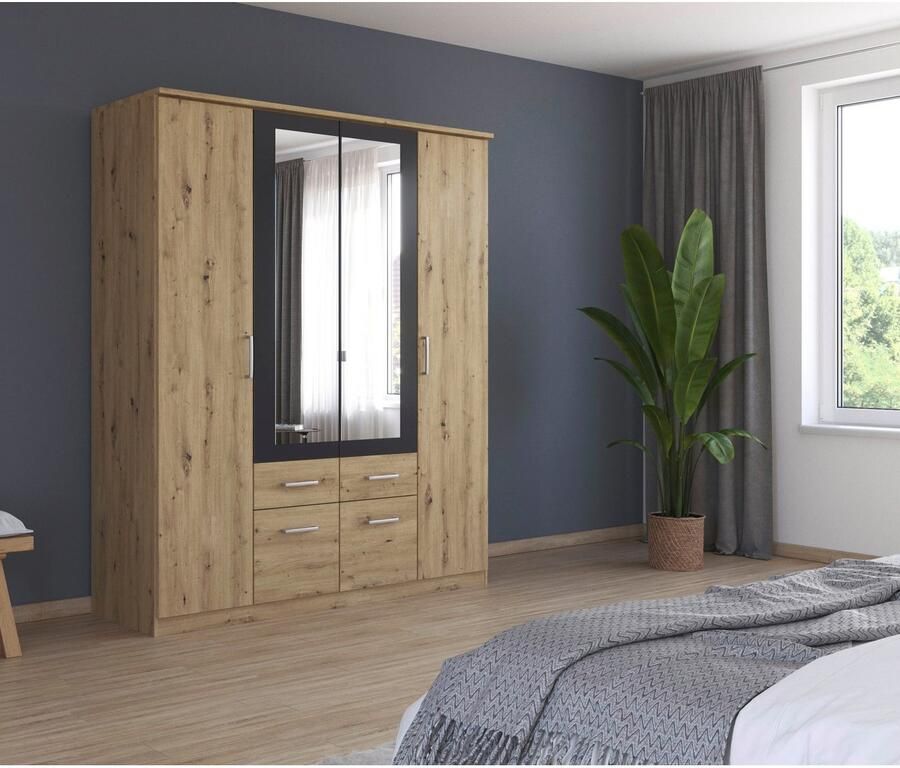 Rauch Kledingkast Draai-deurkast Garderobe BURANO met lades en spiegelomranding in kleuraccent made in germany - Foto 12