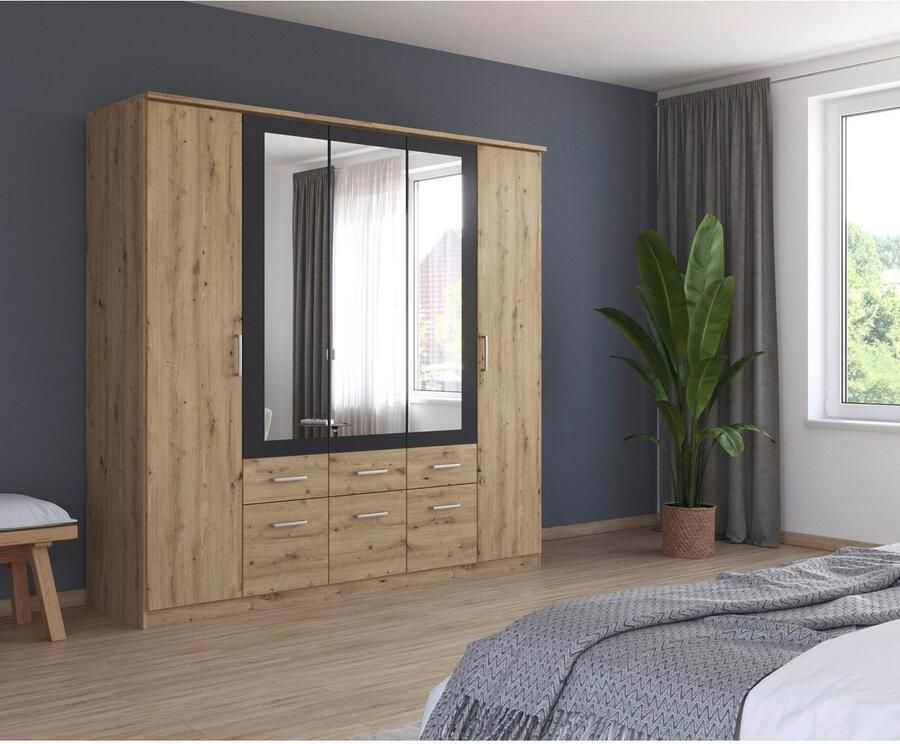 Rauch Kledingkast Draai-deurkast Garderobe BURANO met lades en spiegelomranding in kleuraccent made in germany - Foto 12