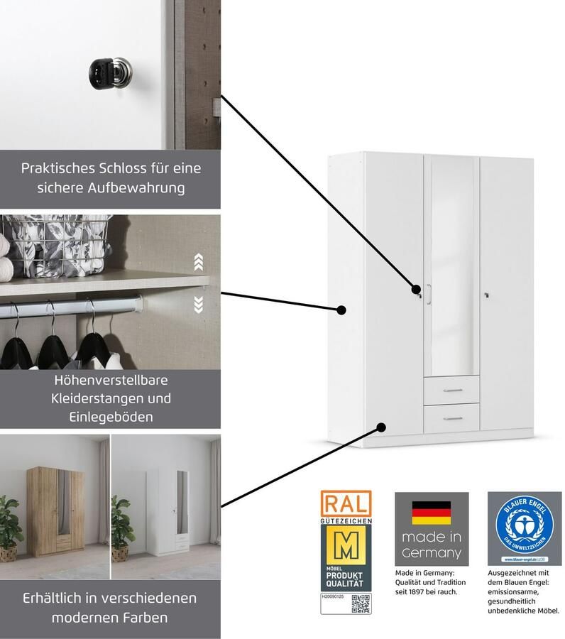 Rauch Kledingkast Kast Garderobe Garderobekast Schoonmaakkast Linnenkast BERGHEIM 2 buitenkades deur en afsluitbaar met 2 sleutels made in germany - Foto 16