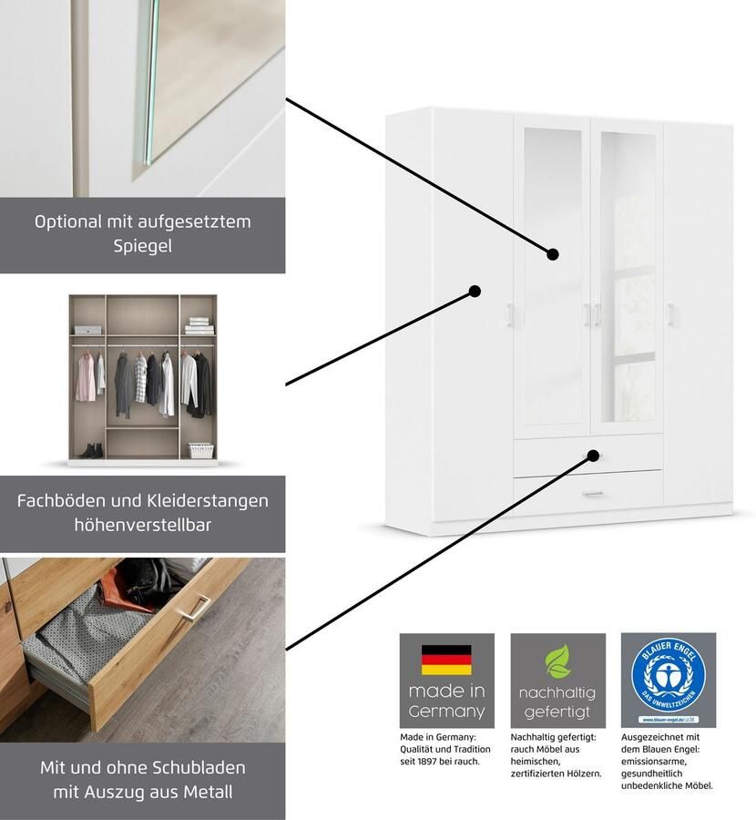 Rauch Kledingkast Kast Garderobe Wasmand GAMMA in 3 Breedtes veel opbergruimte met 6 lades met spiegel topseller made in germany - Foto 2