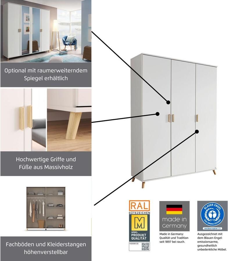 Rauch Kledingkast Ottos Choice Skandi Kinderkamer Bestseller Slaapkamerkast FALUN in moderne scandi-look poten handgrepen eiken massief made in germany - Foto 10