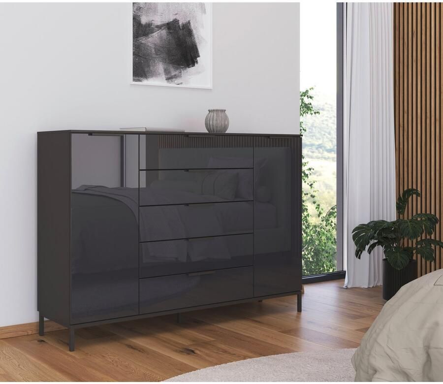 Rauch Ladekast Commode deurkast sideboard combikast FLIPP met glasfront 2-deurs met 5 laden en soft-close functie glazen front 2 breedtes - Foto 7