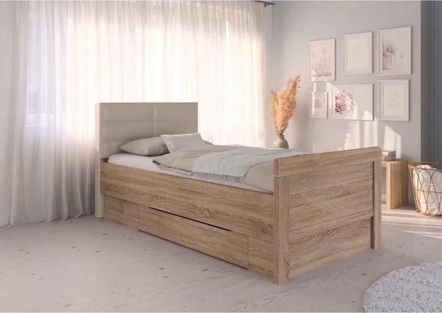 Rauch Ledikant met bergruimte Bed Eenpersoons Stollenbed Bedkasten EVELYN in comfortabele hoogte met gestoffeerd hoofdeinde en lades made in germany - Foto 6