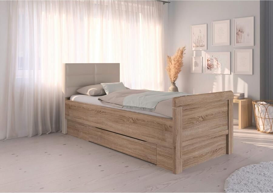 Rauch Ledikant met bergruimte Bed Eenpersoons Stollenbed Bedkasten EVELYN in comfortabele hoogte met gestoffeerd hoofdeinde en lades made in germany - Foto 6