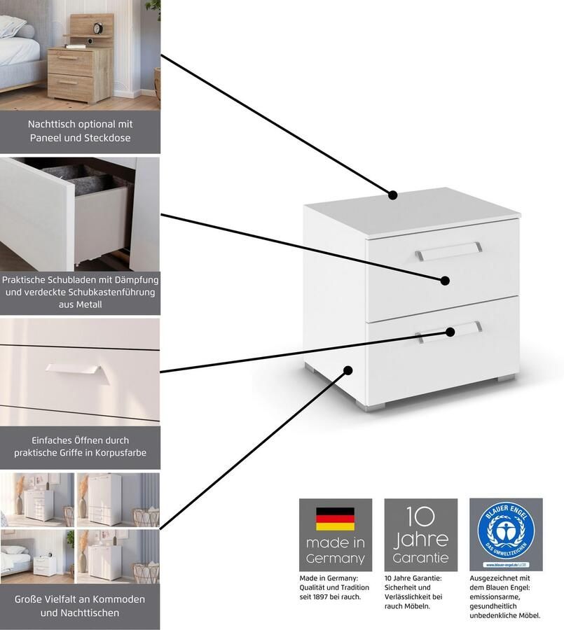 Rauch Nachtkastje Nachtconsole Commode EVELYN in elegante stijl 2 ladenpaneel met stopcontact made in germany - Foto 3