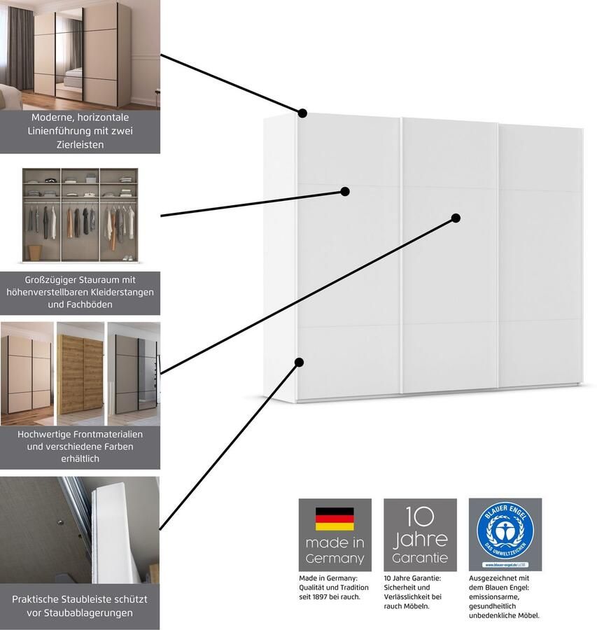 Rauch Schuifdeurkast Kledingkast kast garderobe slaapkamerkast SCALE-TRIO edel drievoudig front met 2 sierlijsten en spiegel made in germany - Foto 13