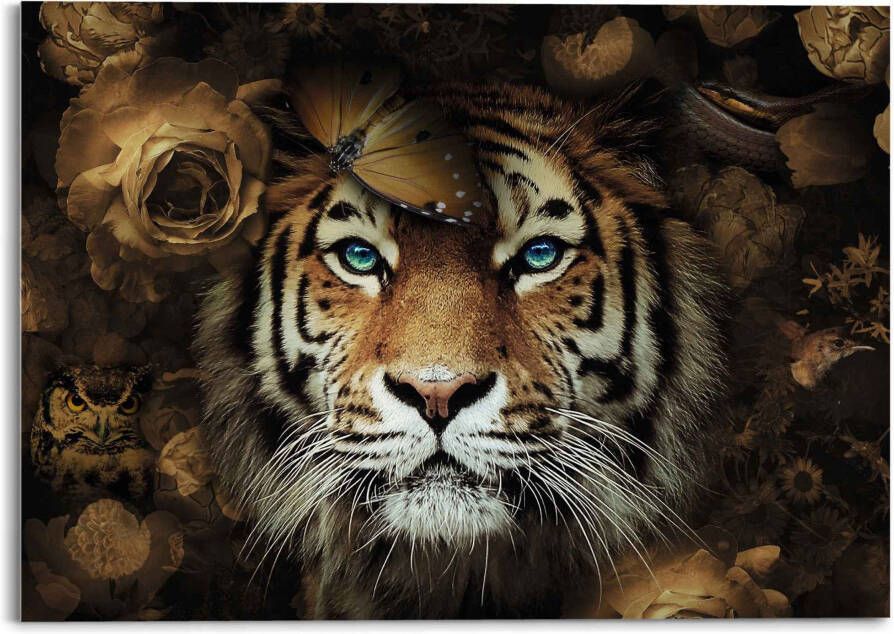 Reinders! Print op glas Artprint op glas tijger dierenrijk bloemen herfstkleuren blauwe ogen