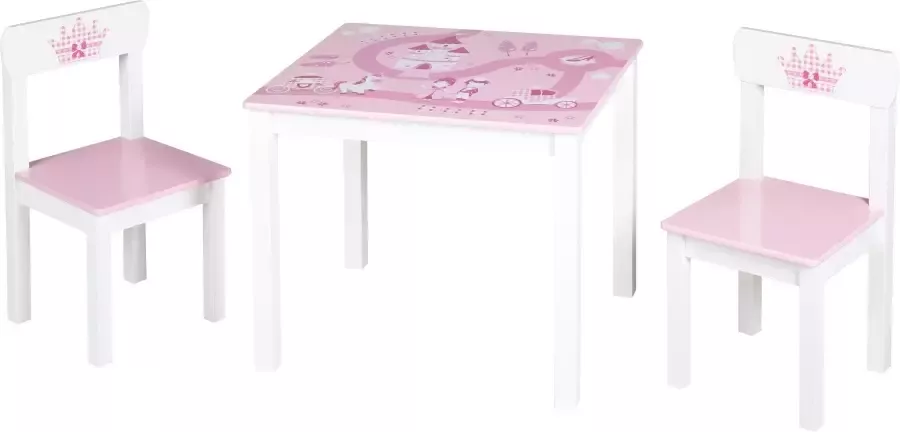 Roba Houten Kinder Speeltafel en Stoelenset 'Krone' Met 2 Stoelen en 1 Tafel Prinsessenthema Roze