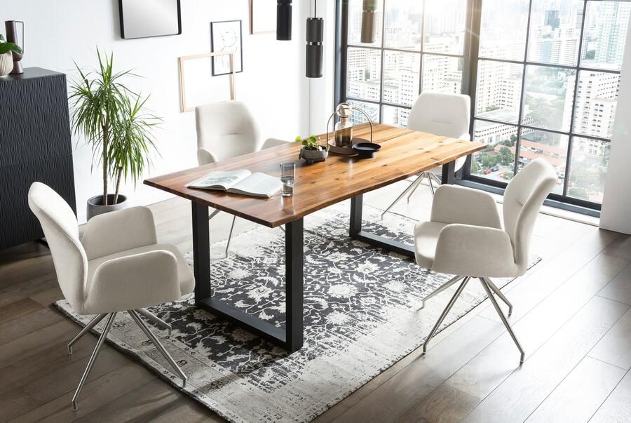 SalesFever Eethoek Tischgruppe für gemütliche Familienabende Tafelblad met echte boomrand frame van roestvrij staal (set 5-delig) - Foto 10