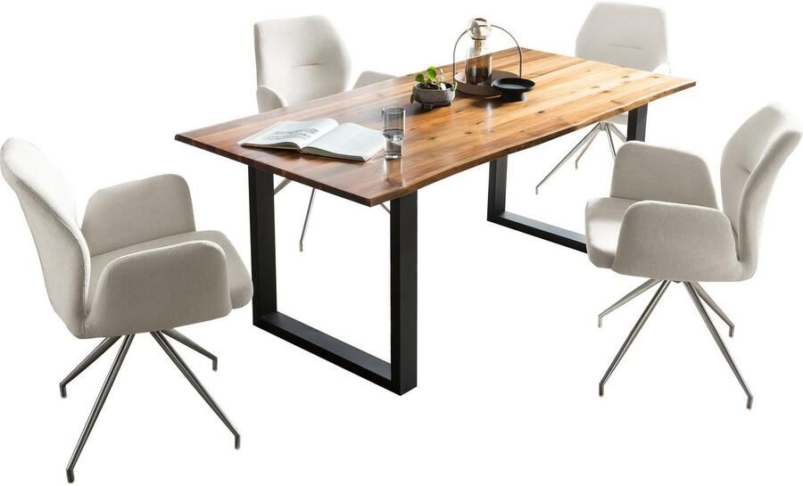 SalesFever Eethoek Tischgruppe für gemütliche Familienabende Tafelblad met echte boomrand frame van roestvrij staal (set 5-delig) - Foto 9