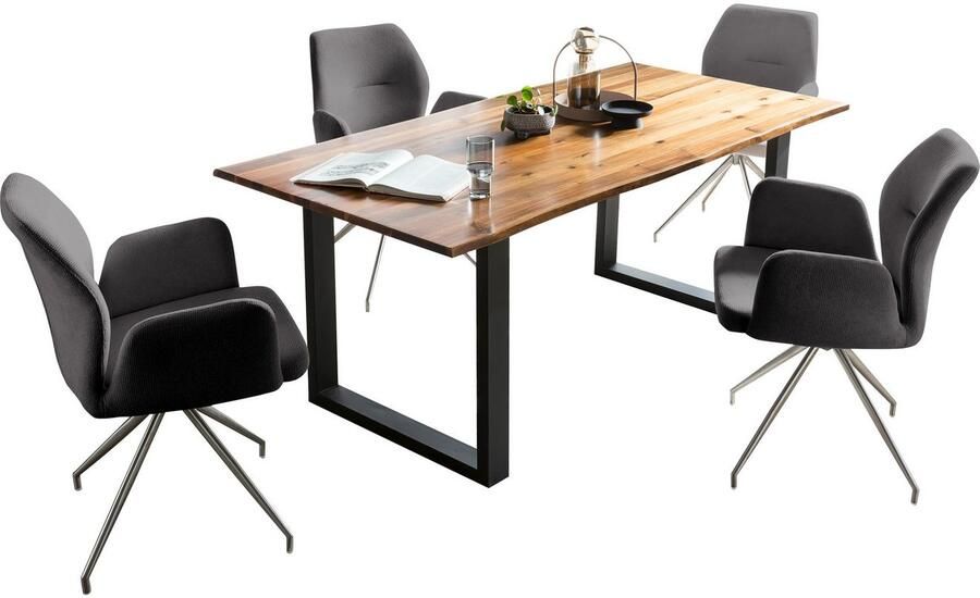 SalesFever Eethoek Tischgruppe für gemütliche Familienabende Tafelblad met echte boomrand frame van roestvrij staal (set 5-delig) - Foto 10