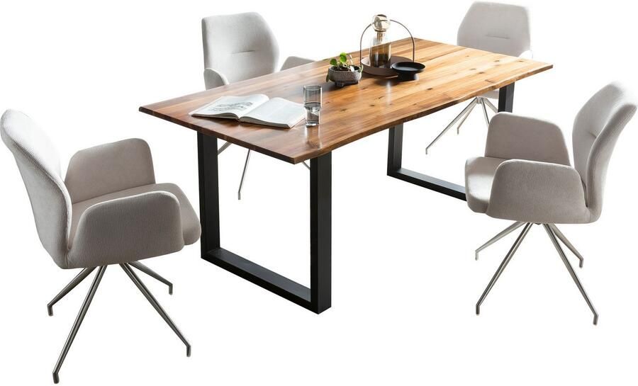 SalesFever Eethoek Tischgruppe für gemütliche Familienabende Tafelblad met echte boomrand frame van roestvrij staal (set 5-delig) - Foto 10