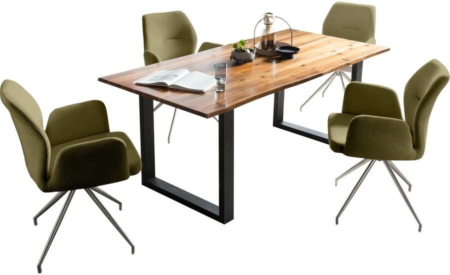 SalesFever Eethoek Tischgruppe für gemütliche Familienabende Tafelblad met echte boomrand frame van roestvrij staal (set 5-delig) - Foto 9