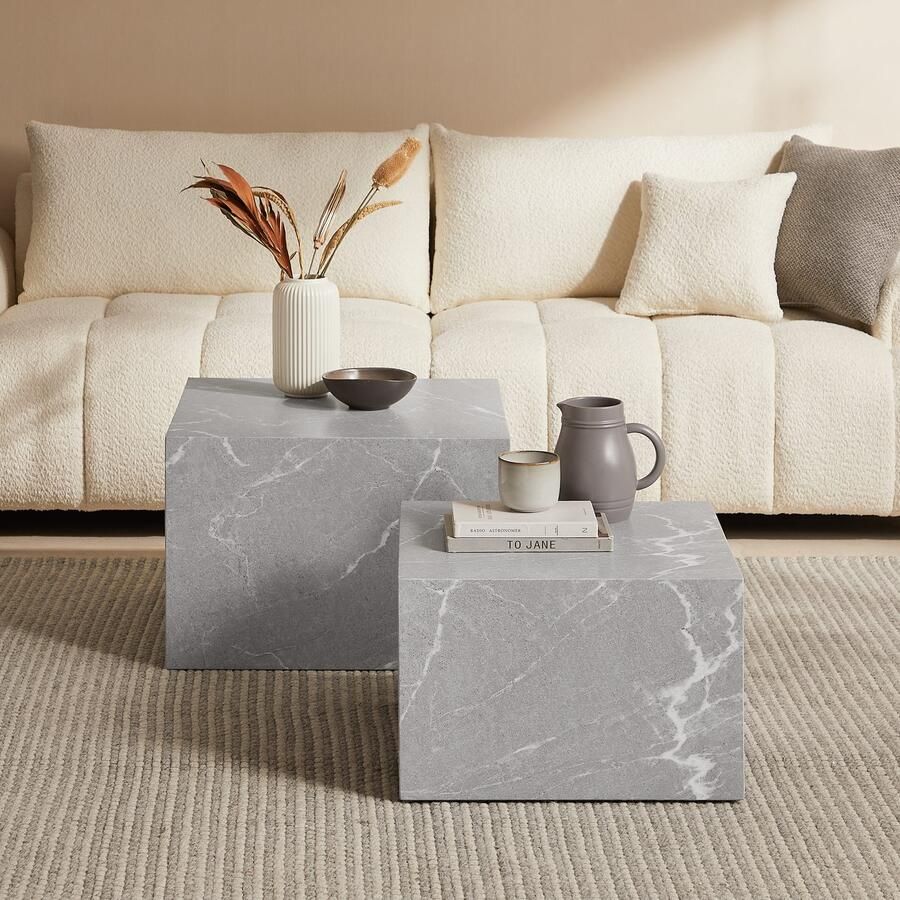 SalesFever Salontafel Almeria stilvoller Couch- und Beistelltisch vierkant in marmerlook gefolieerd (2 stuks)