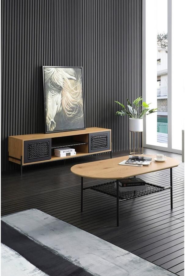 SalesFever Tv-meubel York Design Lowboard für stilvolle Wohnräume Kast met matzwarte inzet van polyrattan tv-tafel