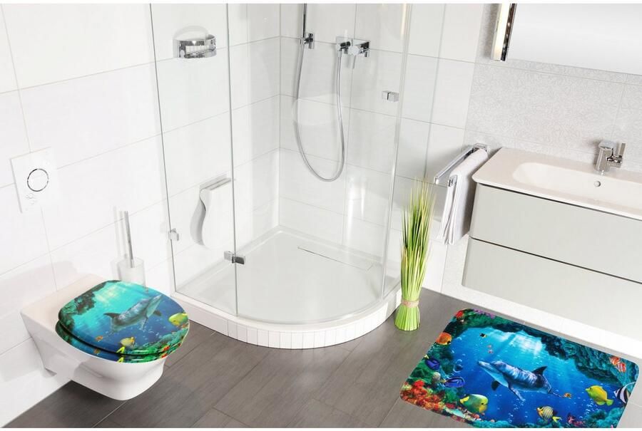 Sanilo Set badkameraccessoires Dolfijn koraal bestaand uit toiletzitting badmat en wastafelplug (complete set 3-delig) - Foto 7