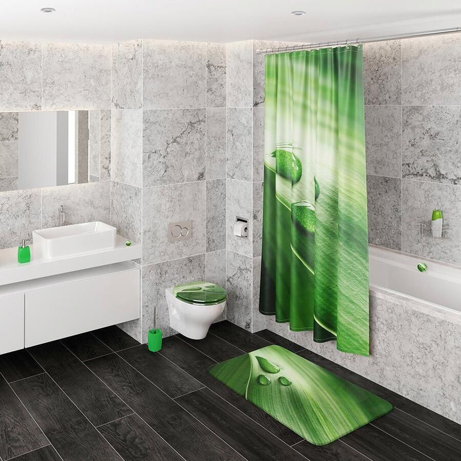 Sanilo Set badkameraccessoires Green Leaf bestaand uit toiletzitting badmat en wastafelplug (complete set 3-delig) - Foto 2
